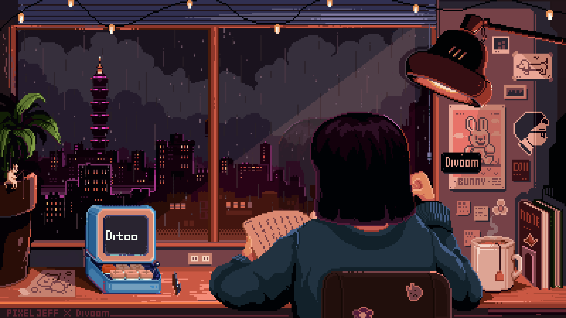A gif of a girl reading at her desk in a retro setup, through the window we can see a city by night under the rain, all in pixel art. Art by PixelJeff